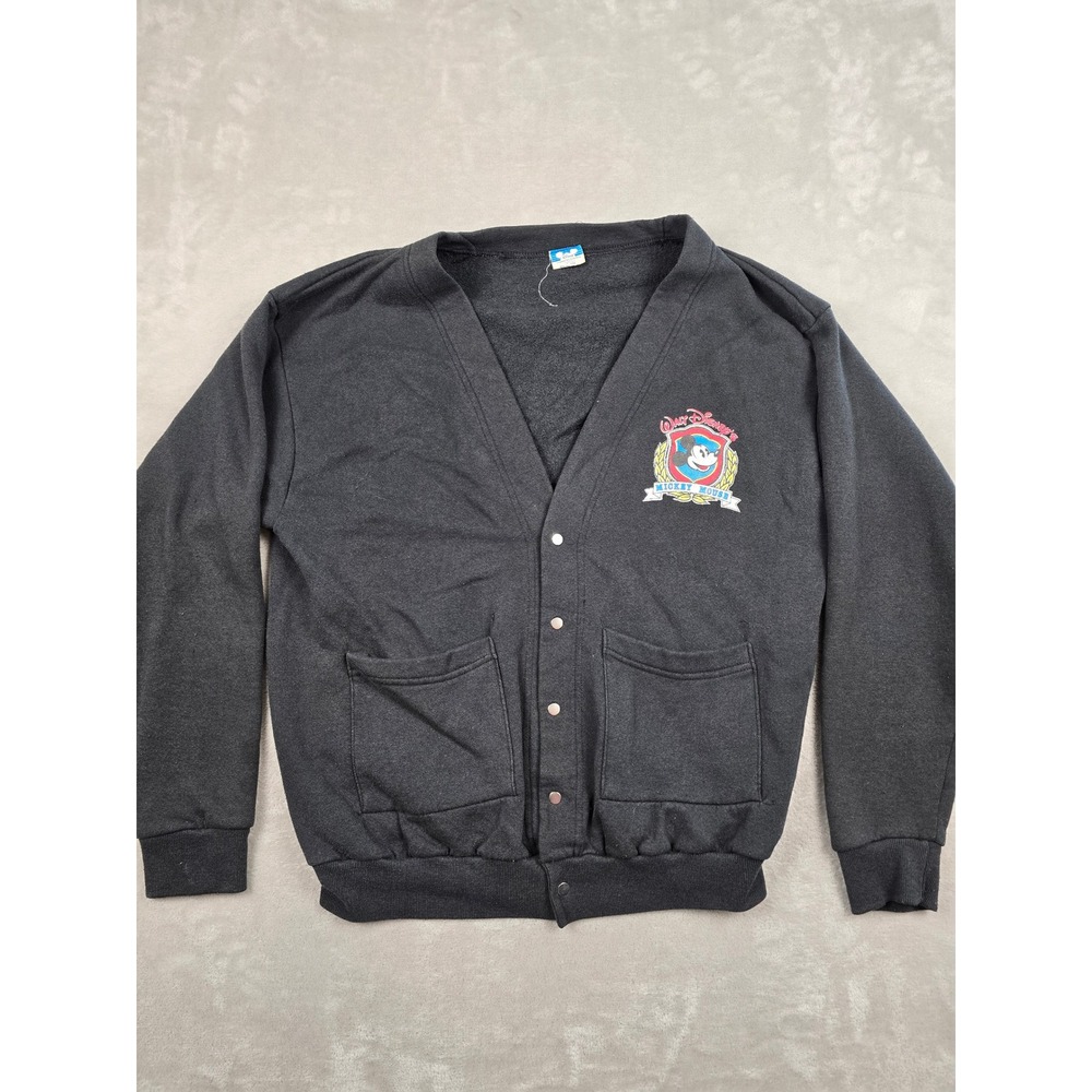 Vintage Disney‎ Cardigan Mens XL Black Mickey Mouse Snap Front Made In USA *Read